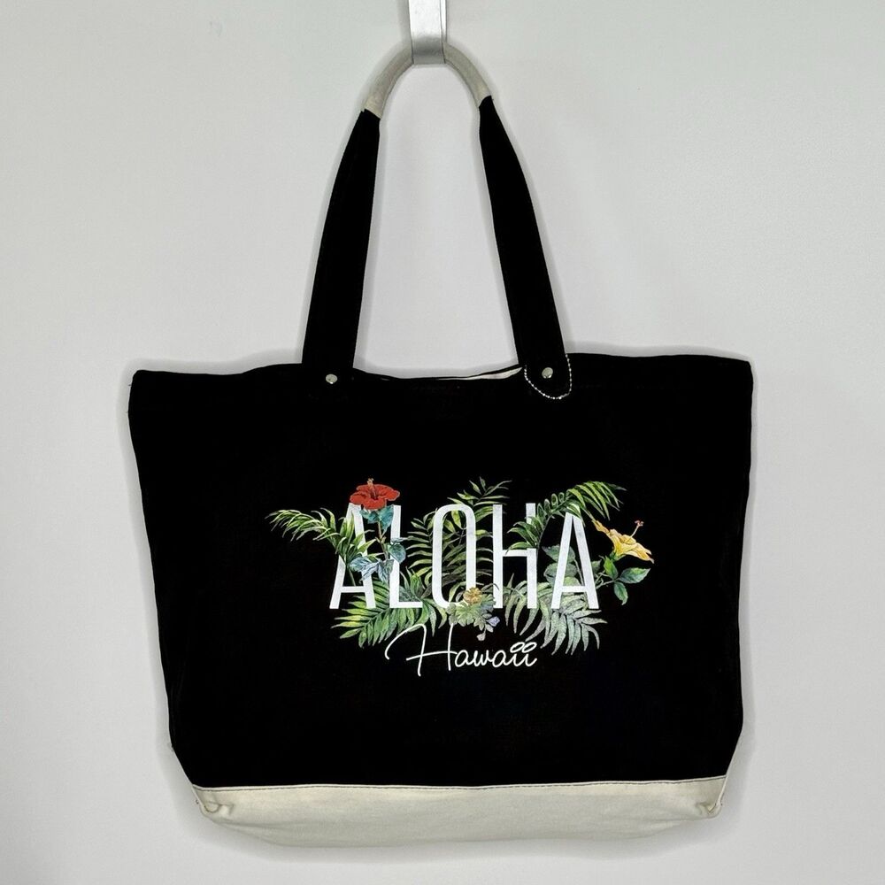ISLAND ACCENT -Black Canvas Aloha Hawaii Tote Bag - Floral Tropical Vacation NEW